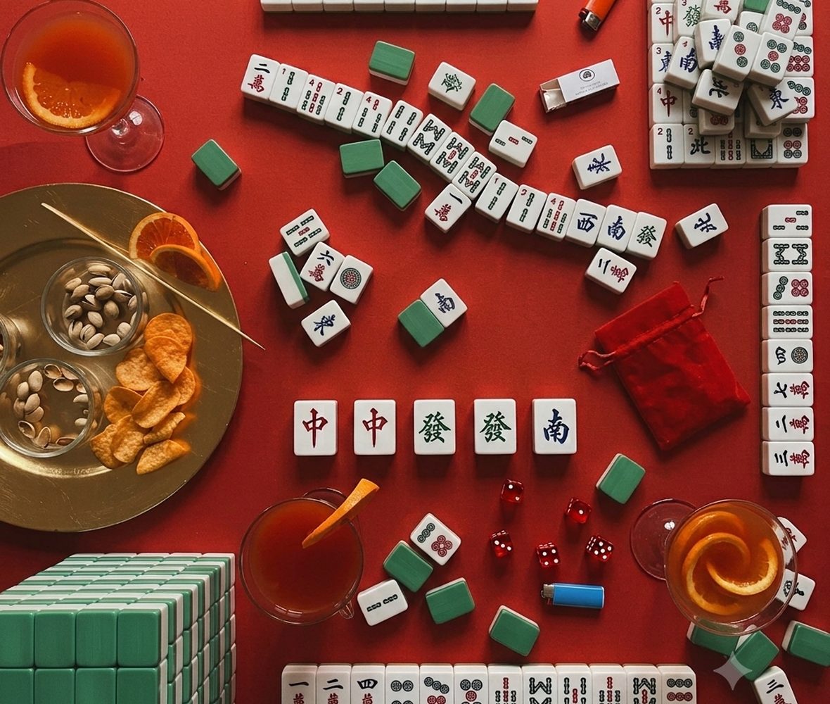Tiles, drinks, and snacks laid out on a red table